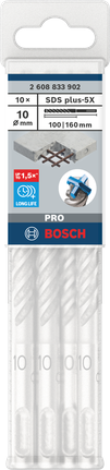 Juego de brocas para taladro percutor Bosch PRO SDS plus-5X, 10 x 100 x 160 mm.