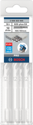 Paquete de 5 brocas para taladro percutor Bosch PRO SDS plus de 12 mm.