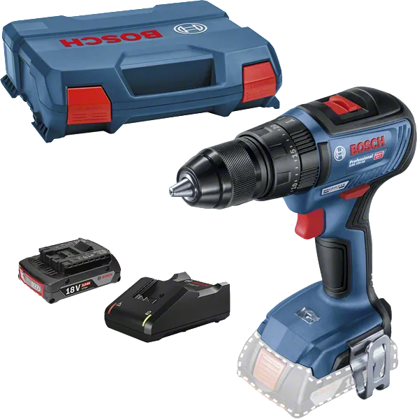 Kit de taladro inalámbrico Bosch con batería de 18 V y cargador.