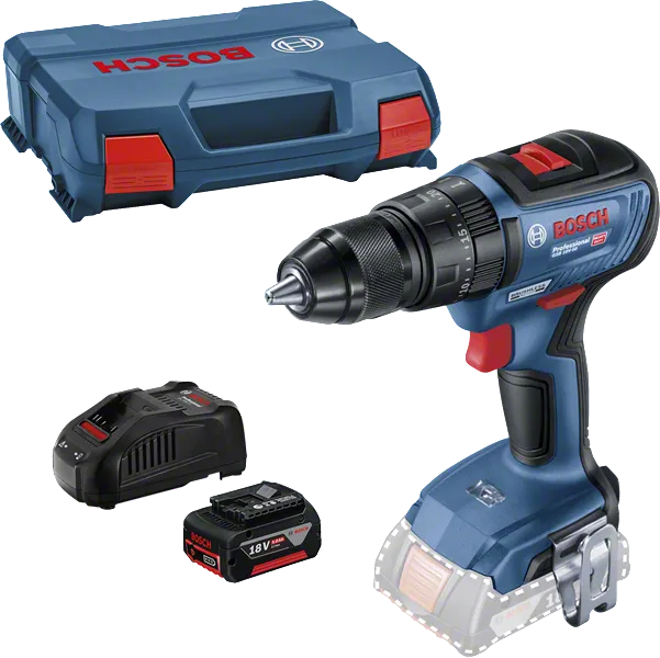 Taladro inalámbrico Bosch con batería de 18 V y maletín.
