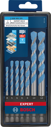 Juego de brocas multiusos Bosch EXPERT HEX-9 para construcción, 7 piezas.