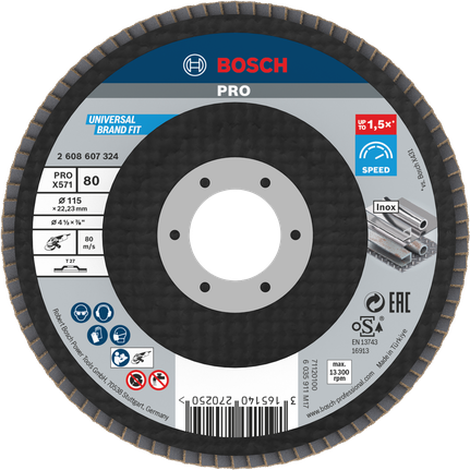 Disco de láminas Bosch PRO X571 115 mm G80 para desbaste de metales.
