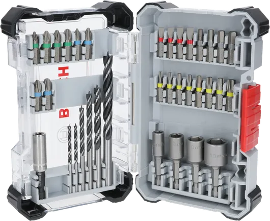 Exhibición del juego de 35 brocas para madera PRO y puntas de destornillador extra duras de Bosch .