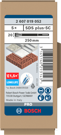 Juego de cinceles planos Bosch SDS plus-5C de 5 piezas, 20×250 mm.