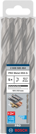 Paquete de brocas helicoidales Bosch PRO Metal HSS-G de 1/2 pulgada.