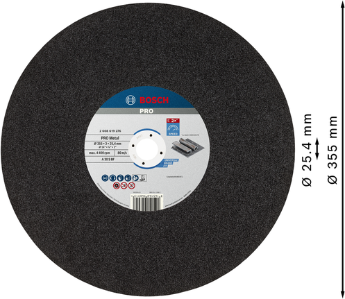 Disco de corte para metal Bosch PRO de 355 mm para trabajos en metal.