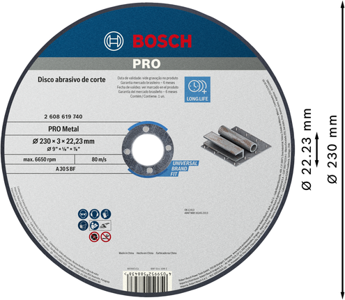 Disco de corte de metal Bosch PRO 230 x 3 mm para acero.