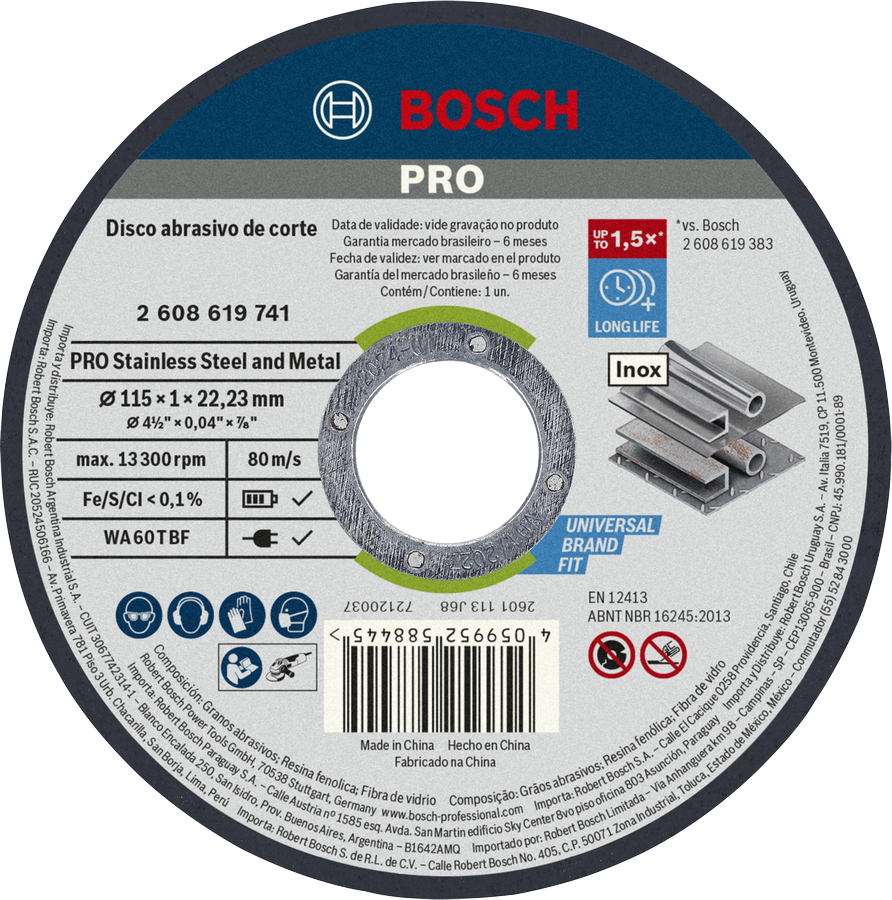 Disco de corte Bosch PRO para acero inoxidable y metal de 115 mm.