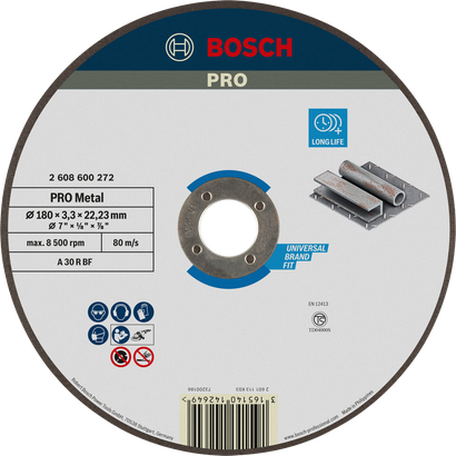 Disco de corte de metal Bosch PRO 180 x 3 x 22,23 mm, larga duración.