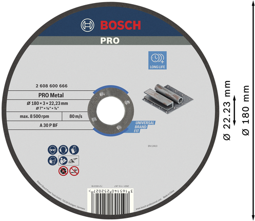 Disco de corte de metal Bosch PRO 180 x 3 mm para una larga vida útil.