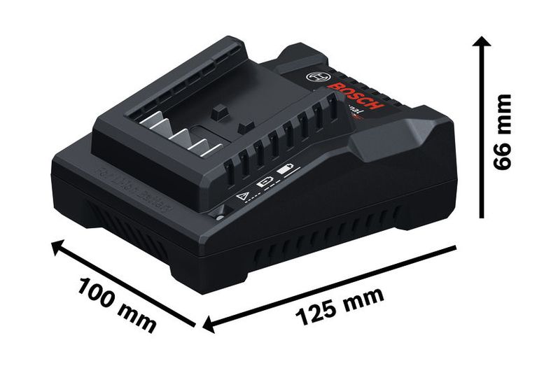 Cargador de baterías Bosch GAL 18V-20 con dimensiones.
