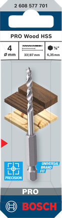 Broca Bosch PRO Wood HSS con punta de centrado para perforaciones precisas en madera.