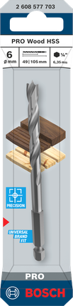 Broca Bosch PRO Wood HSS Brad Point de 6 mm para perforación de madera de precisión.