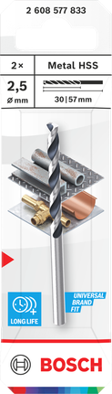 Broca helicoidal Bosch Metal HSS de 2,5 mm para taladrar metal.