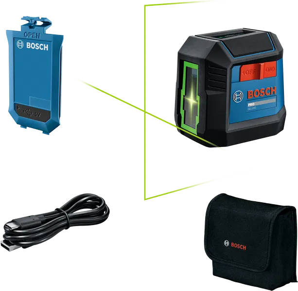 Herramienta niveladora láser Bosch GLL 2-15 G con estuche y cargador.