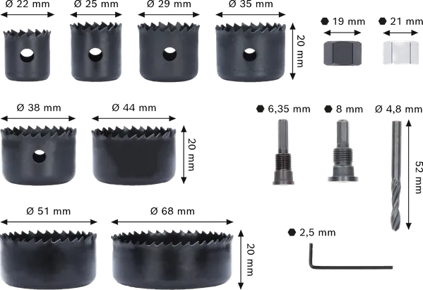 Juego de sierras de copa con eje para madera y drywall 