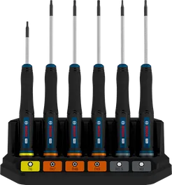 Juego de destornilladores de precisión Bosch PRO TX/TH/H, 6 piezas con mangos codificados por colores.