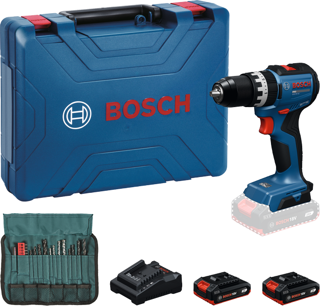 Taladro atornillador inalámbrico Bosch GSB 18V-52 con maletín y accesorios.