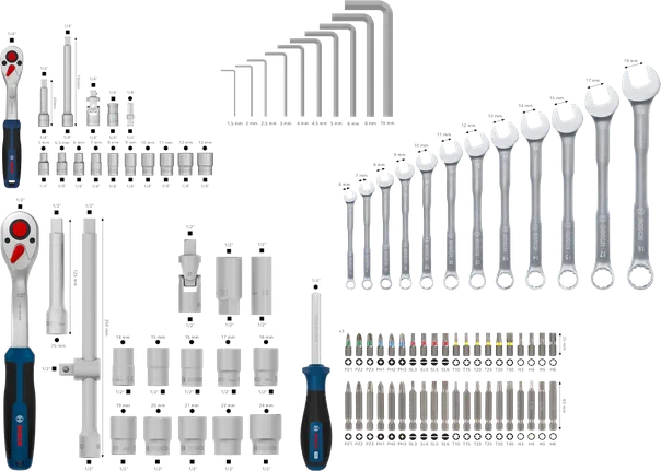 Juego mixto de herramientas manuales Bosch de 134 piezas con llaves y puntas.