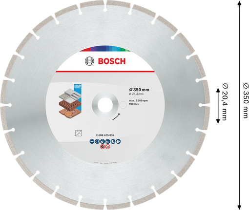 Disco de corte de diamante multimaterial Bosch de 350 mm para diversos materiales.