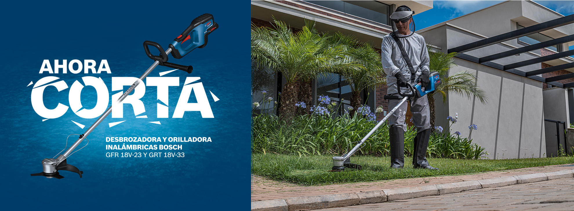 Hombre con desbrozadora Bosch en jardín con plantas y flores, día soleado.