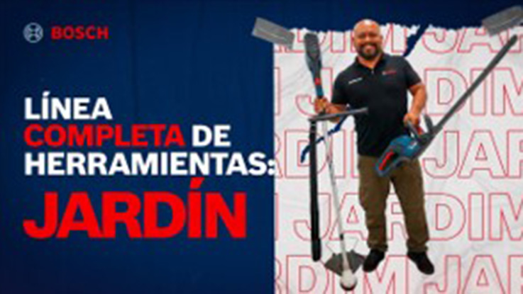 Hombre sosteniendo herramientas de jardín Bosch sobre fondo azul con texto rojo.