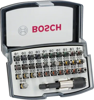 Juego de puntas de destornillador Bosch de 32 piezas con soporte universal de cambio rápido.