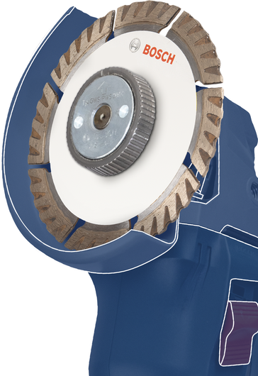 Primer plano de una amoladora angular azul con un disco de corte de diamante circular.