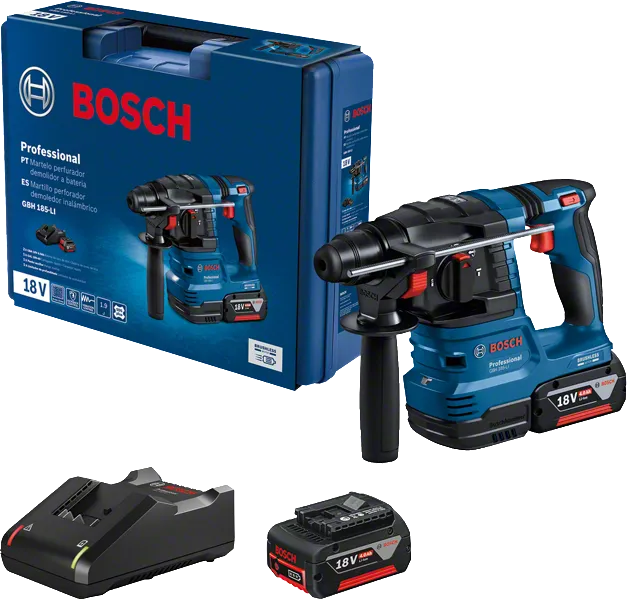 Taladro percutor rotativo Bosch GBH 185-LI con batería de 18 V.
