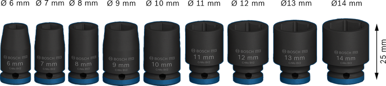 Juego de llaves de impacto Bosch PRO de 1/4 de pulgada, 9 piezas, de 6 a 14 mm.