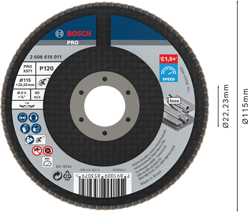 Disco de láminas Bosch PRO X571 angulado de 115 mm y grano 120 para acero inoxidable.