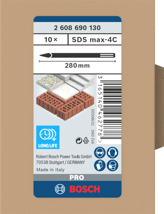 Juego de cinceles puntiagudos Bosch SDS max-4C de 280 mm, 10 piezas.