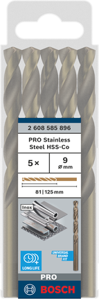 Paquete de 5 brocas Bosch PRO de acero inoxidable HSS-Co de 9 mm.