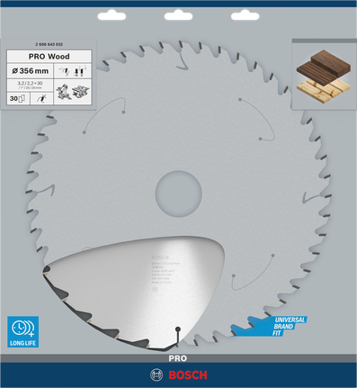 Hoja de sierra circular para madera Bosch PRO de 356 mm para un corte preciso de la madera.