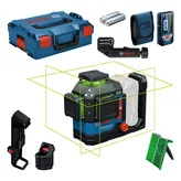 Herramienta niveladora láser combinada Bosch GLL 18V-120 con accesorios.