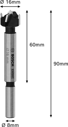 Broca Bosch EXPERT de 16 mm para cortar bisagras en madera laminada.