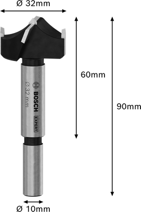 Broca Bosch EXPERT para cortar bisagras de madera laminada, 32 mm de diámetro.