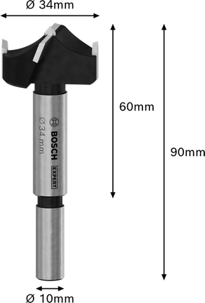 Broca Bosch EXPERT para cortar bisagras de madera laminada, 34 mm de diámetro.