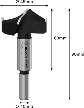 Broca Bosch EXPERT para cortar bisagras de madera laminada, 45 mm de diámetro.