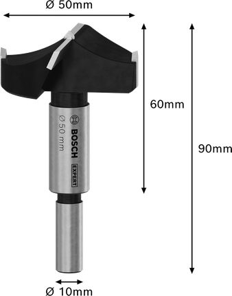 Broca Bosch EXPERT para cortar bisagras de madera laminada, 50 mm de diámetro.