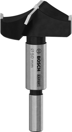 Broca Bosch EXPERT de 50 mm para cortar bisagras en madera laminada.