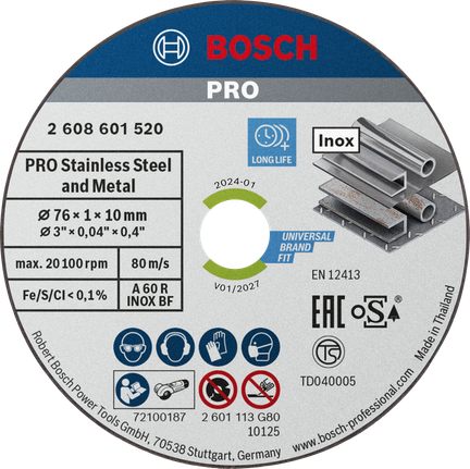 Disco de corte Bosch PRO para acero inoxidable y metal 76x1x10 mm.