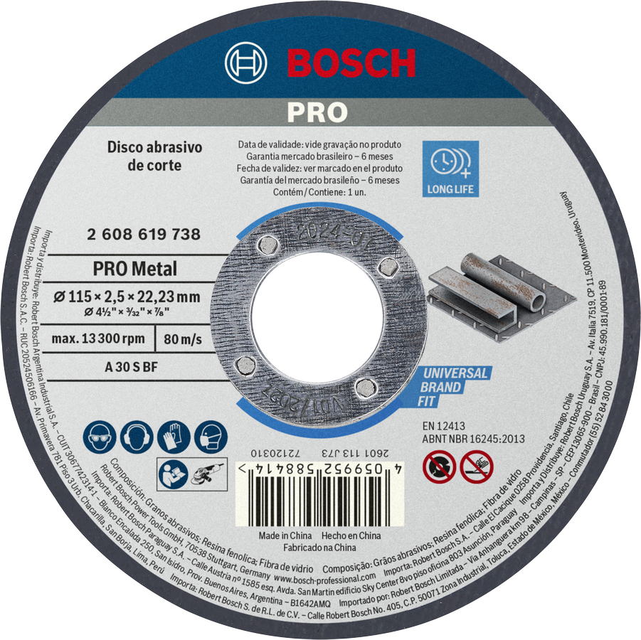 Disco de corte de metal Bosch PRO de 115 mm para tubos metálicos.