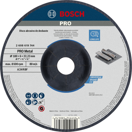 Disco de desbaste de metal Bosch PRO de 180 mm de larga duración.