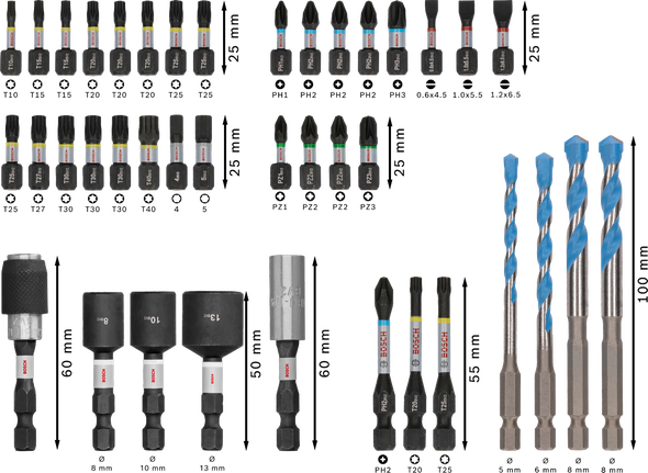Bosch PRO Impact Set Mixto 40 piezas con puntas para taladro y destornillador.