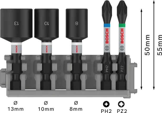 Juego de impacto Bosch PRO con atornilladores de tuercas y Pick and Click, 5 piezas.