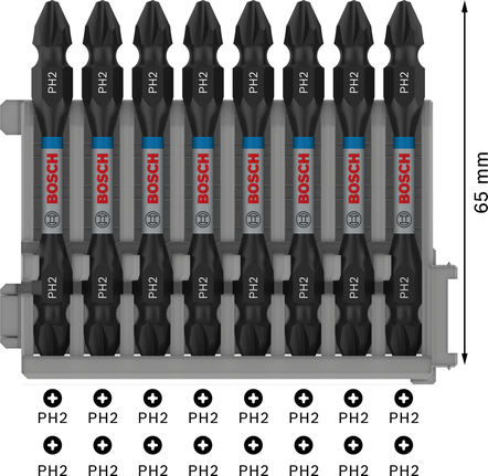 Juego de puntas de destornillador Bosch PH2 de 65 mm en soporte de plástico.
