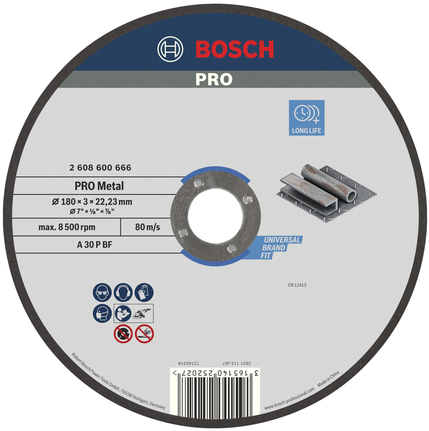 Disco de corte de metal Bosch PRO 180 x 3 x 22,23 mm.