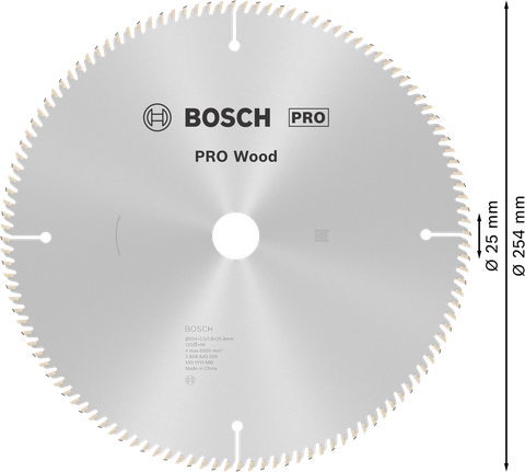 Hoja de sierra circular para madera Bosch PRO de 254 mm para cortes limpios en la madera.