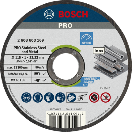 Disco de corte Bosch PRO para acero inoxidable y metal de 115 mm.
